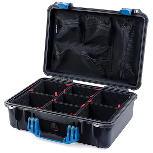 ColorCase Pelican 1500 Case Black - Medium Size Waterproof Case with TrekPak Divider & Mesh Lid Organizer - Blue Handles & Latches