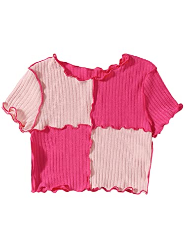 Image of Milumia Girl's Rib Knit Color Block Crop Tee Short Sleeve Lettuce Trim Crewneck Tshirt