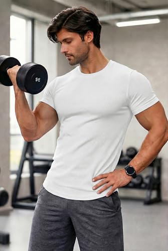 Image of JMIERR Mens Short Sleeve T Shirt Summer Muscle Slim Fitted Crewneck Longline Tees Shirts for Gym Workout