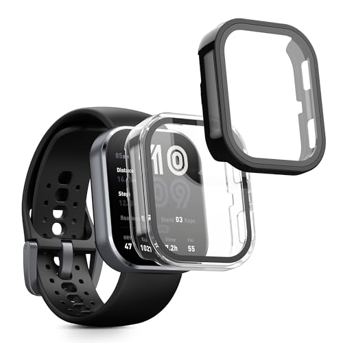 kwmobile Carcasa Compatible con Amazfit Bip 6 Funda - 2X Protector Pantalla Completo de Cristal Templado - Ultrafino y antigolpes - Transparente/Negro