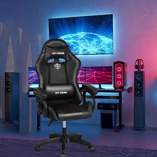 كرسي من سكاي-تاتش لألعاب الفيديو والعمل على الكمبيوتر والاستخدام المكتبي، يتميز بتصميم مريح مع دعم للظهر والرقبة، مصنوع من الفولاذ والجلد الصناعي، باللون الأسود