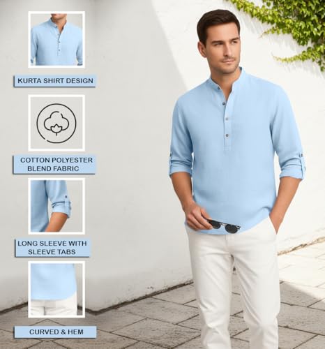 Image of Zombom Men's Cotton Blend Kurta Shirt with Full Sleeves Mandarin Collar Neck Solid Pattern for Men Regular Fit Ethnic Wear Casual Festive Top Modern Style | Cotton Shirt for Mens