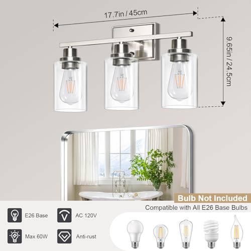 Image of Unicozin 3 Light Bathroom Light Fixtures, Modern Vanity Lights Over Mirror, Brushed Nickel Wall Lamp with Clear Glass for Living Room Cabinet Bedroom Porch