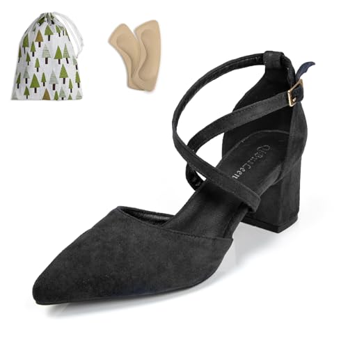 Cross Strappy Heels for Women Pointy Closed Toe Ankle Strap D'Orsay Pumps 2 Inch Low Chunky Block Heels Comfortable Suede Leather Dressy Formal Shoes Noiseless Sole Available
