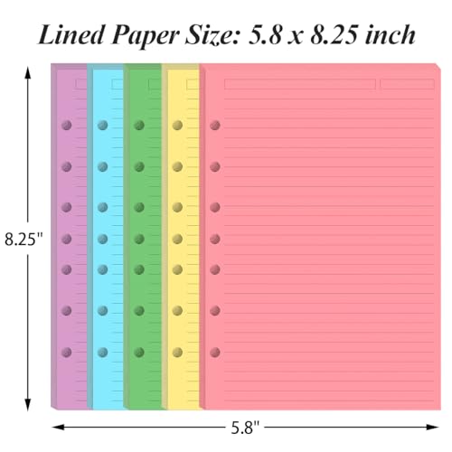 (3-Pack) Mini Binder 5 Colorful Line Paper for 3 or 7 Ring Binders - 300 Sheets/600 Pages Loose Leaf Paper Line Refills, Per Color 60 Sheets, Desk Size 4, 5.8" x 8.5" by Yaridar - Used condition - Image 4