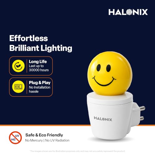 Image of Halonix SMILE 0.5W Yellow LED Night Lamp | Plug & Play | Up to 30,000 Hours LED Life | 1 Year Warranty | Energy Efficient Night Light for Bedroom, Kids Room & Hallway