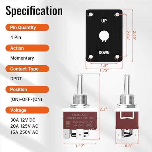Image of RVBOATPAT Reverse Polarity Toggle Switch 12V 30A, DPDT Momentary (ON)-Off-(ON) Toggle Switch with Up Down Mounting Panel 3 Position 4PIN Wired