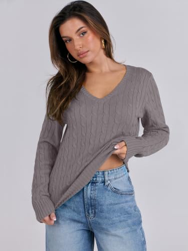 Image of ANRABESS Women's Cable Knit V Neck Fitted Sweaters