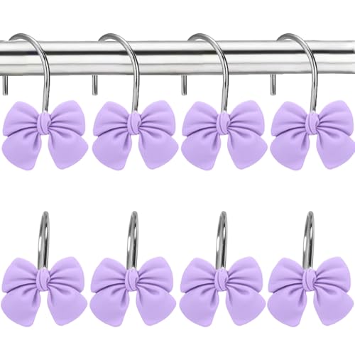 12 Purple Shower Curtain Hooks Elegant Bow Design - Luxury Bathroom Accessories with Vintage and Royal Decor, Cute Bow Hooks for Girls