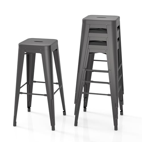 Butaco metálico apilable sin respaldo, sillas para barra y comedor, juego de 4 unidades (negro, altura 30 pulgadas) miniatura 1