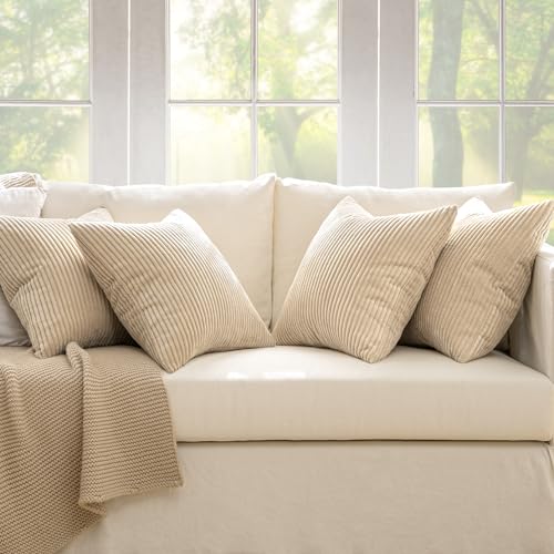 Image of MIULEE Boho Farmhouse Throw Pillow Covers 18x18 Inch Set of 4 Mordern Nordic Cushion Covers Soft Corduroy Spring Home Decor for Couch Bed Sofa Living Room Beige