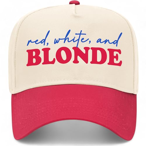 Red White and Blonde Vintage Trucker Hat | 4th of July USA America Party | Premium Snapback Baseball Hat for Men & Women (US Alpha One Size Red/Natural)
