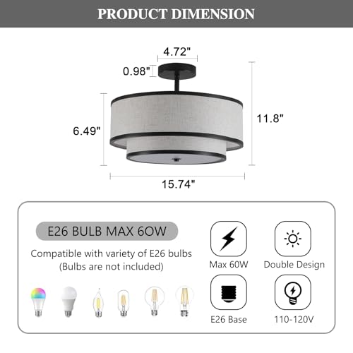 Farmhouse Close to Ceiling Light, 3-Light Flush Mount Ceiling Light Fixture with 2-Layer Fabric Shade, Modern Drum Ceiling Lamp for Hallway Bedroom Living Room (Black) - Image 3