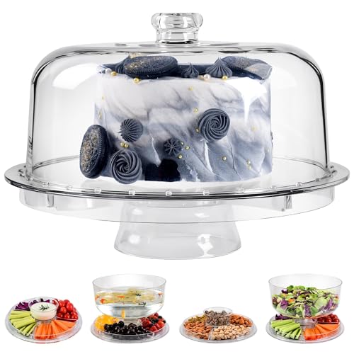 JOCHER Cake Stand with Acrylic Dome Cover, 6-In-1 Multi-Purpose Cake Stand with Lid, 12.2', Acrylic Cake Stand, Veggie Platter, Salad Bowl, Dessert Platter, Punch Bowl, BPA Free