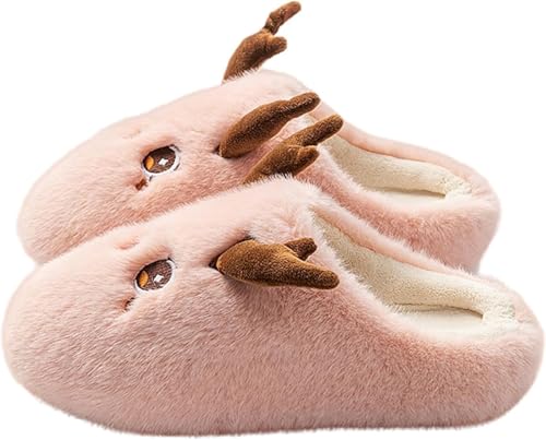 Otoño E Invierno Para Mujer Bonitas Zapatillas De Felpa Cálidas Antideslizantes Con Forma De Animal Suaves Y Cómodas De Espuma Viscoelástica Para El Hogar Zapatillas De Navidad (Rosa,40-41)