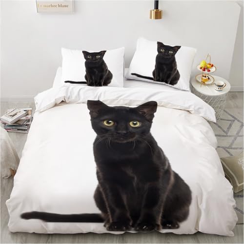 白 黒猫 寝具カバー3点セット シングルサイズ(掛け布団カバー150×210cm、ボックスシーツ105×200+30cm、枕カバー)洗える 吸水速乾 ピーチスキン加工 洋式ベッド・和式布団兼用 プレゼントにも最適