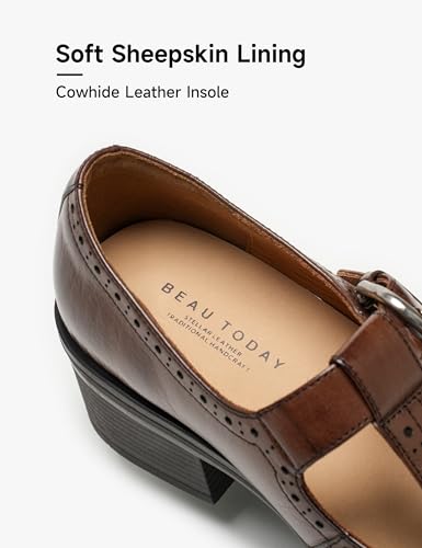 Image of BEAU TODAY Oxford Shoes for Women, Mary Jane Shoes for Women T Strap Leather Wingtip Brogue, Chunky Heel Comfortable Non Slip Dress Work Shoes
