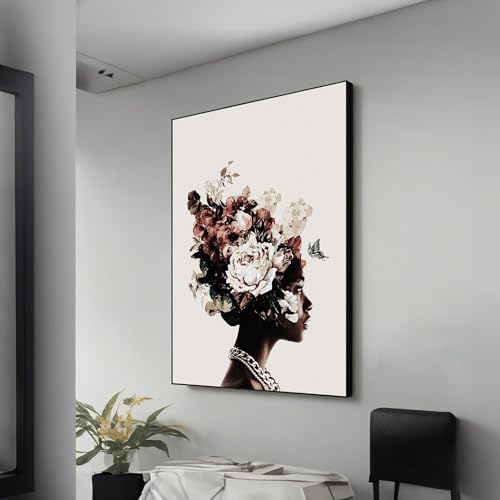 Art africain avec portrait de femme afrocentrique, toile florale sans cadre 30x45 cm