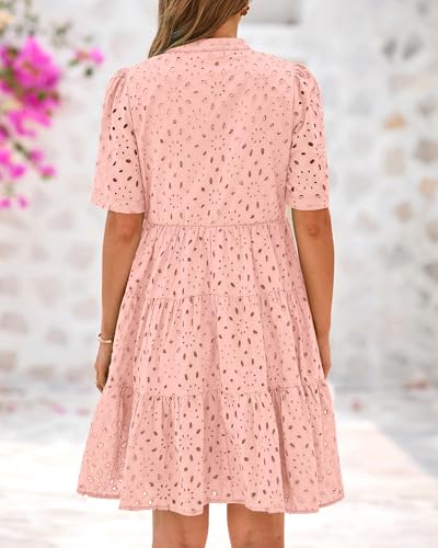 Image of BTFBM Womens Boho Summer Dresses 2026 Spring V Neck Short Sleeve Hollow Out Lace Ruffle Casual Beach Mini Vacation Dress