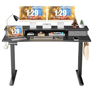 Sweetcrispy Electric Standing Desk Adjustable Height with Drawers, 55 x 24 inch Stand up Sit to Stand Desk, Ergonomic Home Office Computer Gaming Work Motorized Rising Desk with Storage Shelf, Black