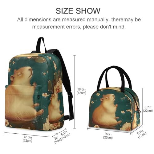 Backpack Lunch Box Set Large Capacity Travel Backpacks and Insulated Lunch Bag for Commute Hiking Picnic Meditating Capybara Print2