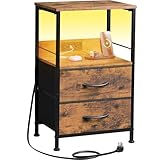 WLIVE Night Stand with Charging Station, LED Nightstand with 2 Fabric Drawers and Storage Shelf, Small Bedside Tables for Small Spaces, Dresser for Bedroom, Rustic Brown
