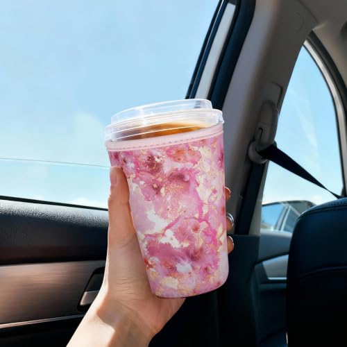 Image of Reusable Insulated Sleeve for Iced Coffee Cup, 3-Pack Coffee Neoprene Drink Sleeve for Cold & Hot Drinks, Beverage Holder for Iced Coffee (Rosy Marble)