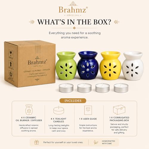 Image of BRAHMZ Ceramic Oil Burner Set of 4 with 4 Tealight Candles | Essential Oil Burner & Aroma Oil Diffuser for Aromatherapy, Home Fragrance, Meditation, Spa, Home Decor & Gifting