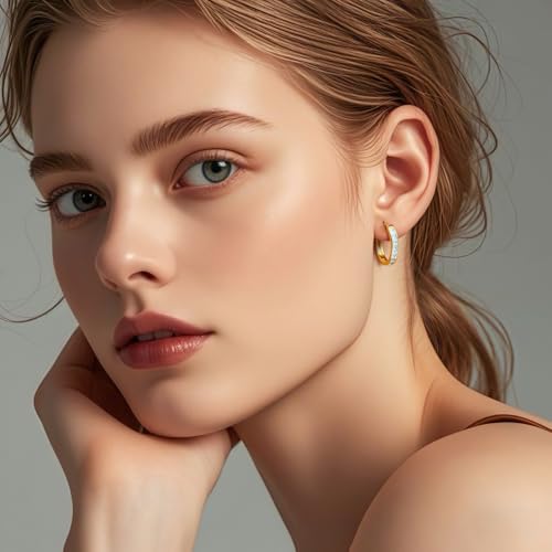14K Gold Hoop Earrings for Women 14K Gold Earrings Dazzling Square Cubic Zirconia Lightweight Huggie Womens Earring Hoops 13/20/25mm2