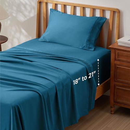 Image of Bedsure Deep Pocket Twin Sheets Set - Fits Mattresses Up to 21 Inches Thick -3 Piece GentleSoft Bed Sheets, Moisture Wicking, Soft & Cooling Bedsheet & Pillowcases, Easy & Secure Fit, Teal Blue