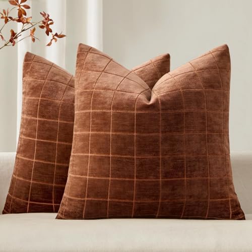 Image of MIULEE Burnt Orange Plaid Decorative Throw Pillow Covers 22x22 Set of 2 | Vintage Check Chenille Couch Pillows Neutral Boho Farmhouse Cushion Covers Modern Home Decor for Sofa Bed Living Room