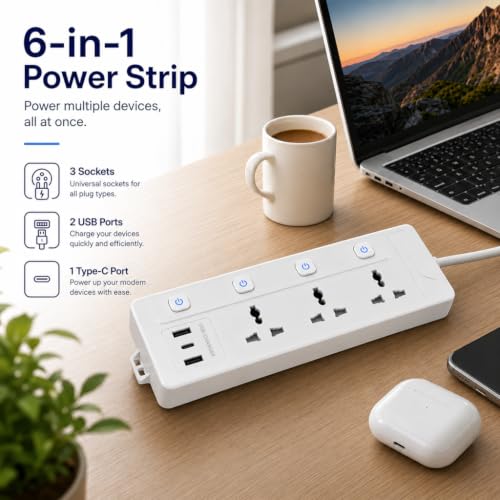 Image of AILKIN 3 Socket Universal Extension Board with Individual Switches, 3 Pin Power Strip with Heavy Duty Cable, Multi Plug Extension Box for Home, Office, TV, Laptop, Mobile Charger & Appliances (White)