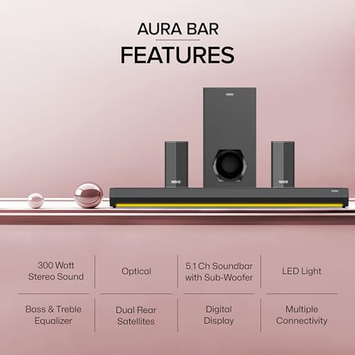 Image of VW Aura Bar | 300W Soundbar | 5.1 Channel Home Theatre | 6.5 inch subwoofer | Multiple Connectivity & Sleek Design | Stylish Remote & LED Display (Black)