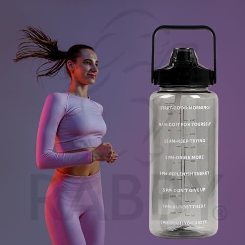 Image of RABBY 2L Motivational Water Bottle for Kids & School Use | Time Marker, BPA-Free, Leakproof Straw Lid, Carry Strap | Plastic Water Bottle for Travel, Sports, Gym, Office, (Black 1Pcs)