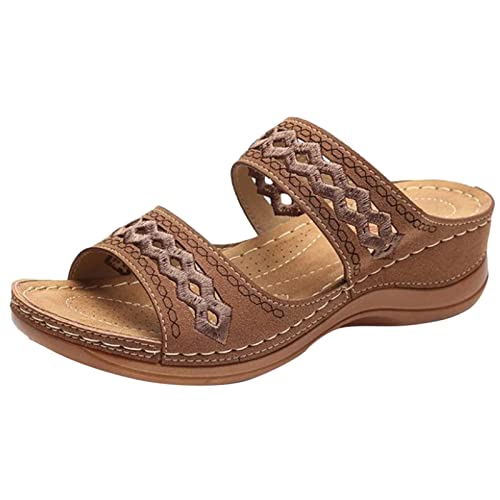 Pantoletten Plateau Damen Sommer, Orthopädische Schuhe Damen bequem Strandschuhe Rutschfest Sommerschuhe KeilSandalen mit Keiabsatz Casual Plateausandalen Hausschuhe Hollow Out Römersandalen, marrón,