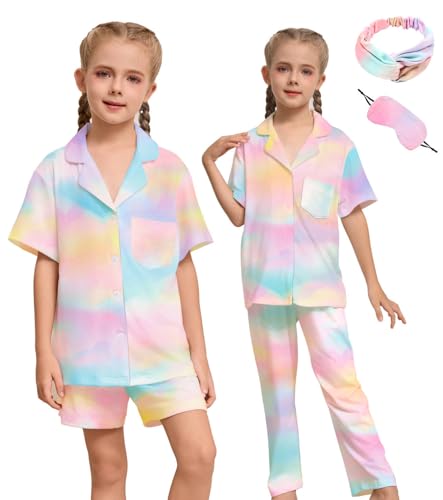 Kids Pajamas for Girls Pajama Sets 3-Piece Short Sleeve Girls Button Down Pjs Set Shorts Pants Sleepwear Loungewear