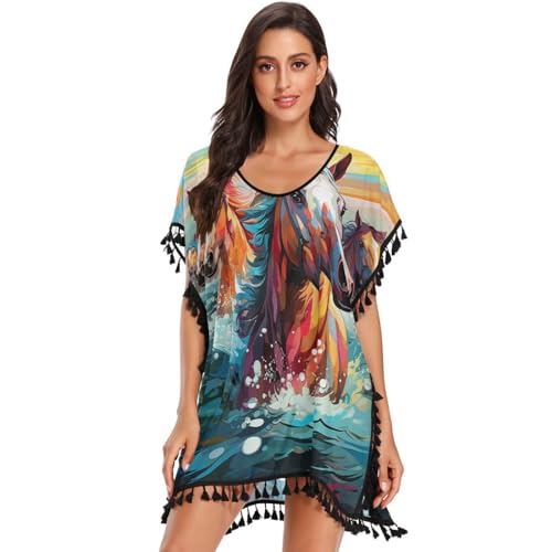 Colorful Horses Watercolor Art Women's Beach Cover Up Chiffon Tassel Swimwear Swimsuit Coverups for Girl