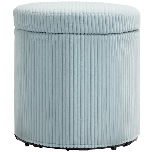 HOMCOM Puff Almacenaje Baúl de Almacenaje Redondo Tapizado en Pana Asiento Acolchado Tapa Extraíble para Pasillo Dormitorio Salón Ø40x41 cm Azul Claro