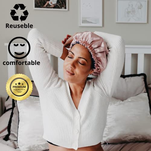 Image of GO WELL Satin Silk Bonnet With 3 Scrunchies - Reversible Hair Cap for Sleeping, Adjustable Wrap for Curly Hair (Dark Pink)