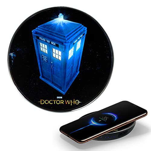 Image of Doctor Who Tardis Illuminating Wireless Charger with Built-in Backup Battery Pack for Wired USB and Wireless Charging. Portable Phone Charger with Tardis Light-Up Logo- Doctor Who Gifts for Fans