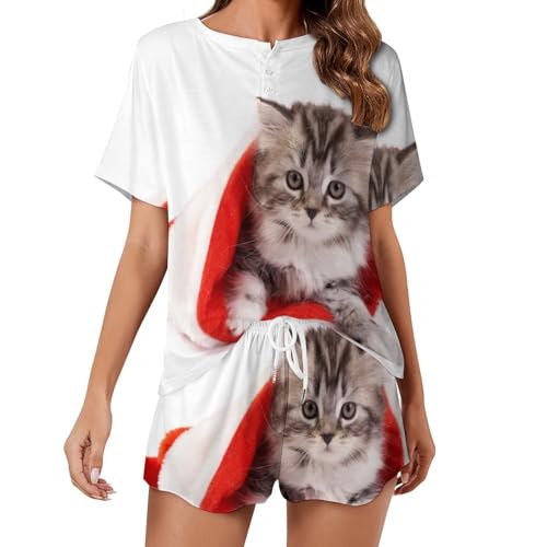 Ensemble de pyjama chat de Noël femme respirant en manches courtes pour l'été
