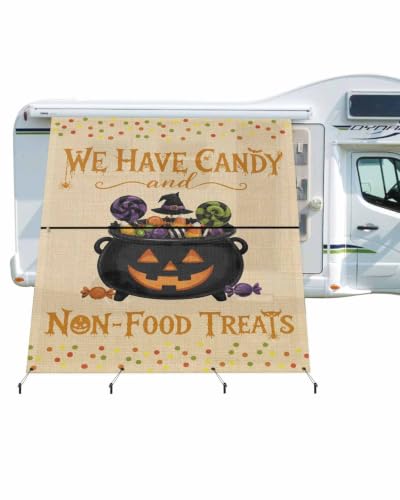 Halloween RV Awning Sun Shade Screen 9'X7' Orange Grimace Cauldron Mesh Sunscreen Jack-o-Lanterns Face Candy Awning Shade Screen with Zipper UV Blocker Completed Kits Canopy for RV Motorhome Camper