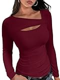 XIEERDUO Tops for Women Trendy Long Sleeve Shirts for Womens Y2K Shirts Ribbed Shirts Festival Tops Burgundy M