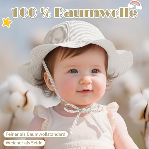 Durio Sonnenhut Baby Hut Kinder Verstellbarer Faltbare UV-Schutz mit Verstellbarem Bindebändern und Breite Krempe Beige Streifen 0-6 Monate (Tag Size XS)