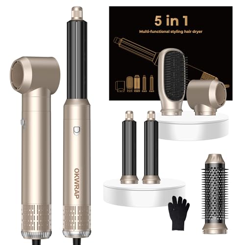 Image of 5 in ONE Hair Dryer Brush, Blow Dryer Curling Wand Hair Styling Tools Set, Ionic Hot Air Brush Round Brush Blow Dryer, Left&Right Styler 100-120V