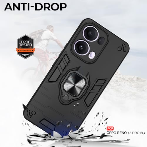 Image of AESTMO Oppo Reno 13 Pro 5G Back Case Cover | Tough Armor Bumper | Ring Holder & Kickstand in-Built | 360 Degree Protection Cover for Oppo Reno 13 Pro 5G (Black)