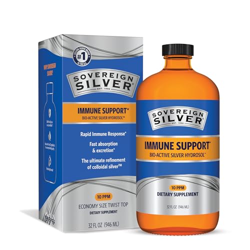 Sovereign Silver Immune Support - Colloidal Silver, Bio-Active Silver Hydrosol, 10 ppm, Liquid Twist Top, 32 Fl Oz, (946 mL)
