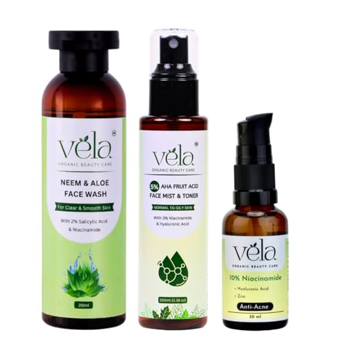 Vela Organic Anti-Acne Skincare Kit with Neem Face Wash, AHA Toner, Niacinamide Serum, 3-Step Treatment for Clear Skin