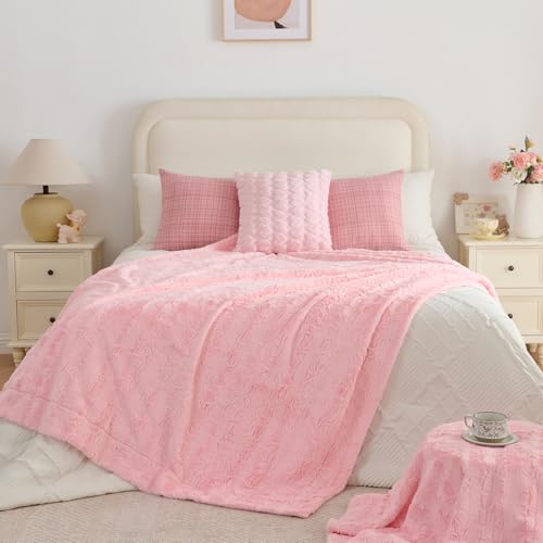 Krifey Pink Faux Fur Blanket for Bed, 3D Marble Texture Soft Cozy Fuzzy Plush Thick Warm Blanket, Faux Rabbit Fleece, Christmas Birthday Gifts for her Girls Women Mom, Cute Pink, 60x80in