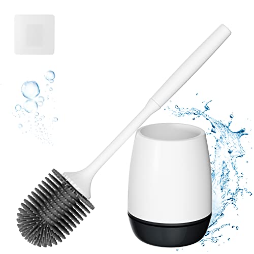 Hibbent Toilet Brush with Ventilated Drying Holder, Silicone Toilet Bowl Brush Bathroom Cleaning Bowl Brush Kit Sturdy Cleaning Toilet Brush, Floor Standing & Wall Mounted Without Drilling,